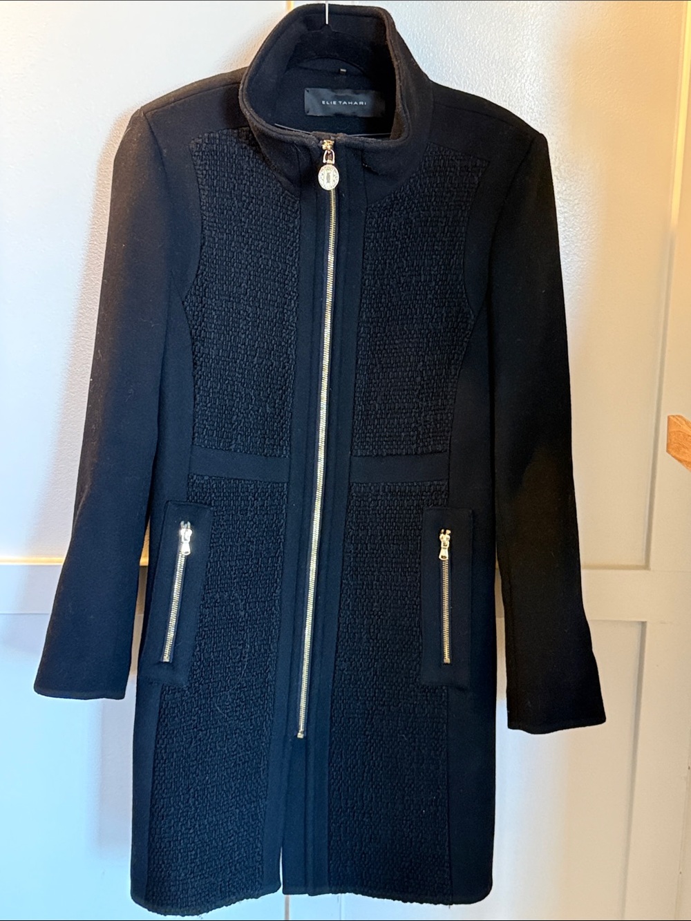 Elie Tahari Black Wool-Blend Zip-Front Trench Coat